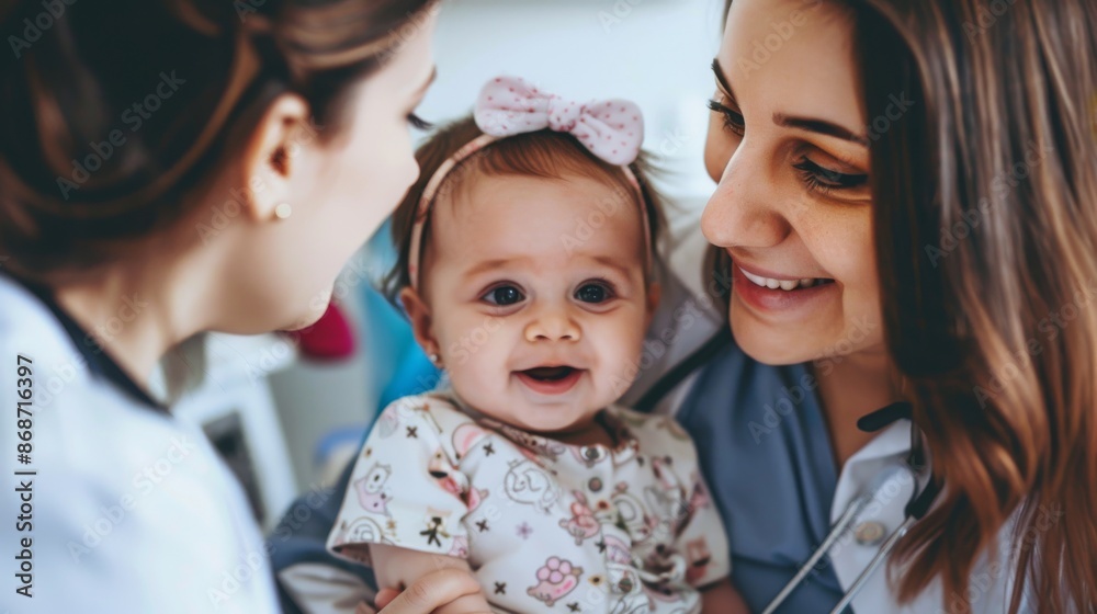 This picture shows a pediatric wellness check as the baby sits on his mother's lap while being examined by the doctor, promoting early detection and prevention. This picture shows a pediatric wellness check as the baby sits on his mother's lap while being examined by the doctor, promoting early detection and prevention.