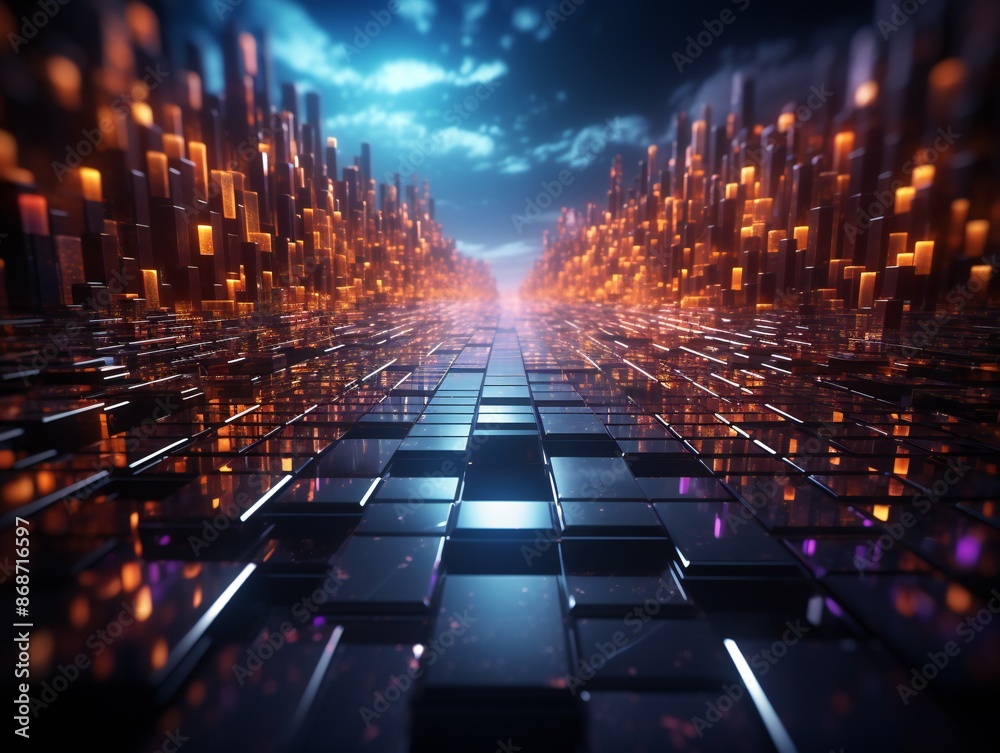 A cluster of illuminated glass cubes creates a mesmerizing display of light and shadow. A cluster of illuminated glass cubes creates a mesmerizing display of light and shadow.