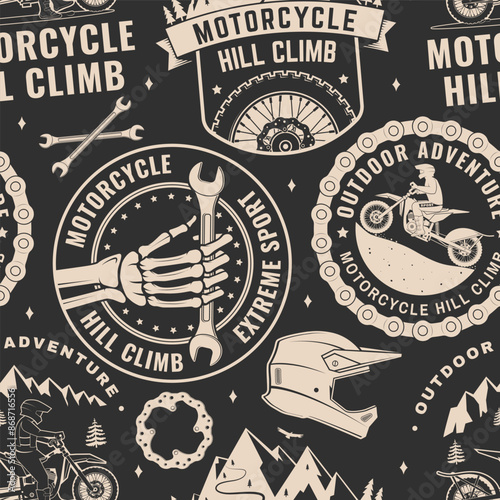 Motorcycle hill climb seamless pattern or background. Vector. Fabric, texture, wallpaper with motorcycle helmet, skeleton hand, glasses, bike, mountain and wrenches.