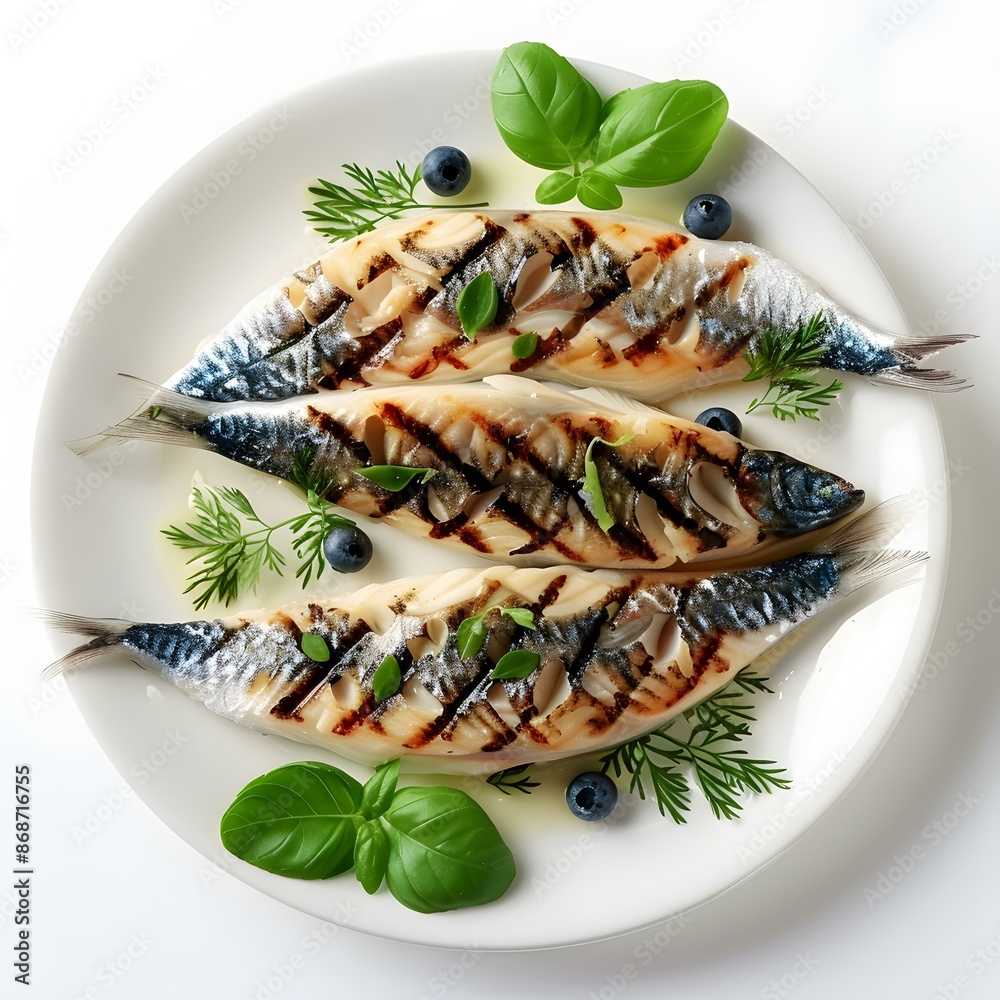 Three grilled sardines with blueberries and herbs on a white plate