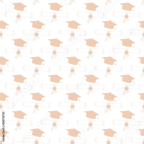 Seamless pattern featuring graduation caps and diplomas in a grid-like arrangement, soft colors against a light background, perfect for graduation-themed designs. Vector hand drawn flat illustration.