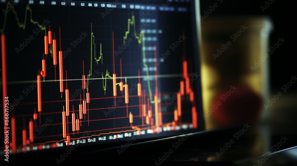 Detailed close up of blue stock market trading chart with candlestick graphs for data analysis Detailed close up of blue stock market trading chart with candlestick graphs for data analysis