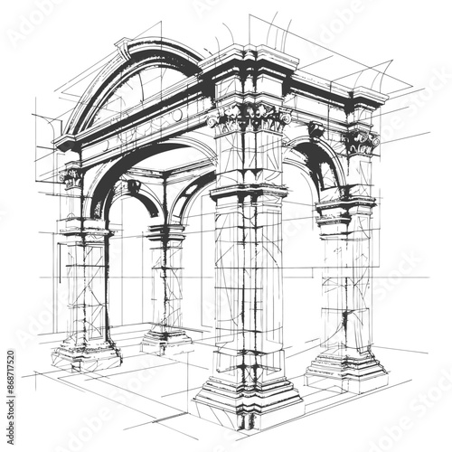 Architectural Sketch: Classical Archway with Pillars and Wireframe Construction.