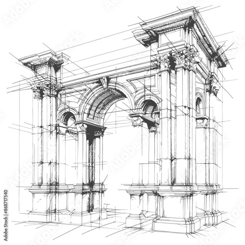 Architectural Sketch: Ornate Roman Archway, Detailed Lines, Perspective Study.