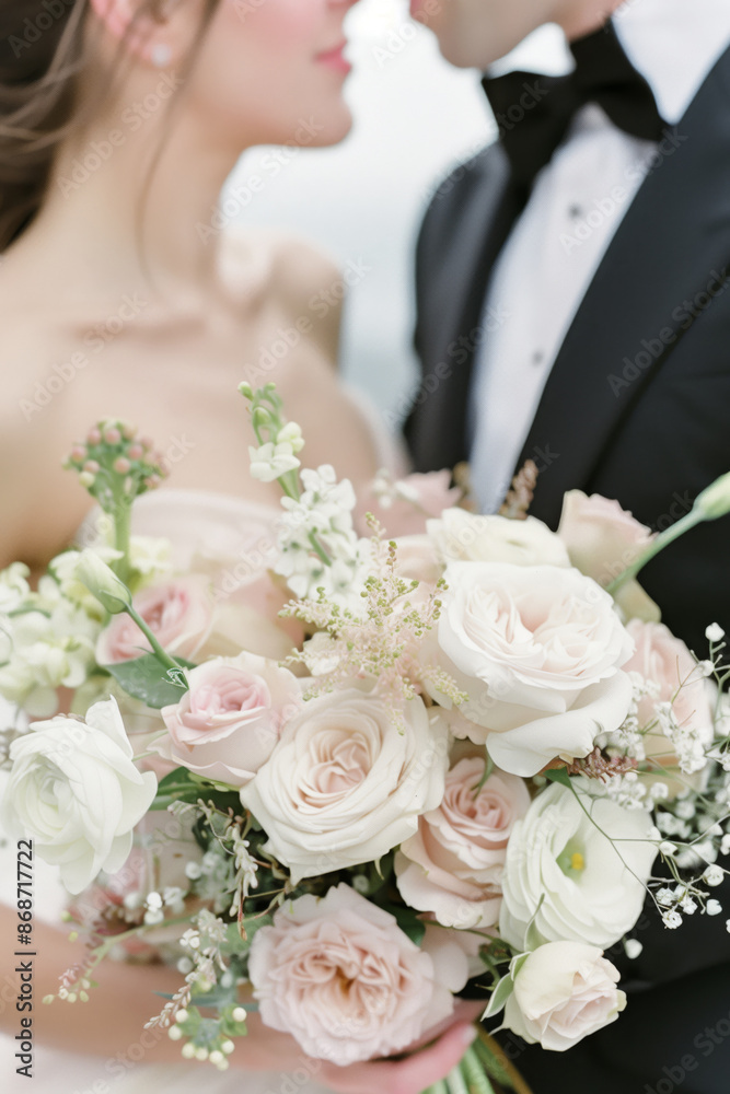 Wedding bouquet in the hands of the bride hugging the groom Wedding bouquet in the hands of the bride hugging the groom