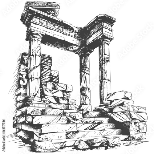 Ruined Classical Temple Archway, Detailed Sketch Illustration.