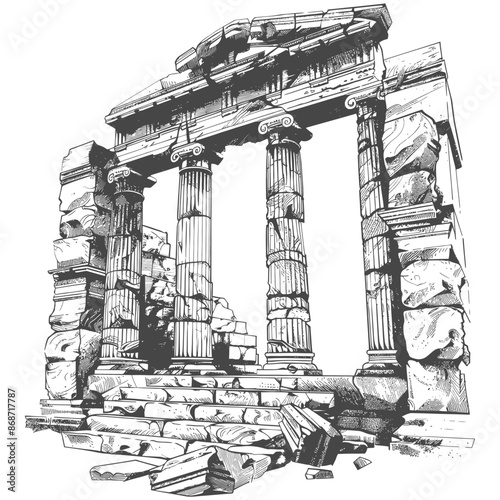 Ruined Greek Temple: Detailed Sketch of Ancient Architecture.