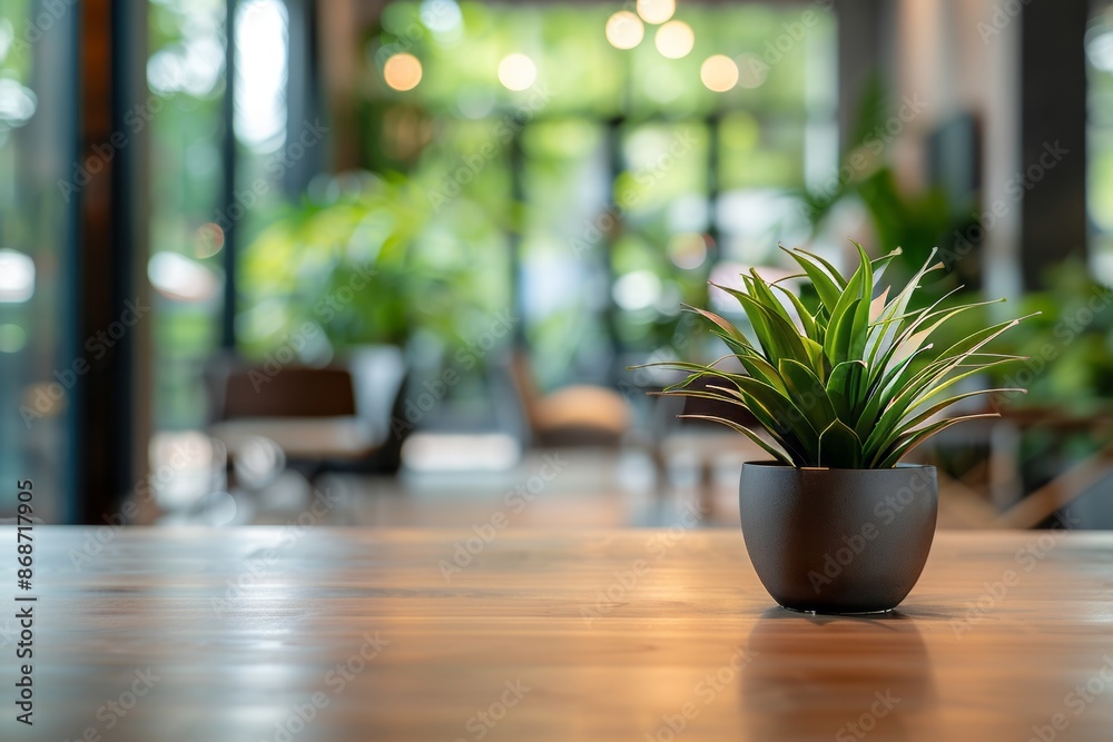 The foreground is a wooden table with a potted plant, with a blurry background of shelves, plants, and office supplies.