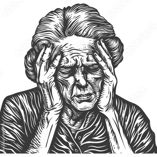 Distressed Elderly Woman, Woodcut Style, Hands on Head, Isolated on White, Grief.