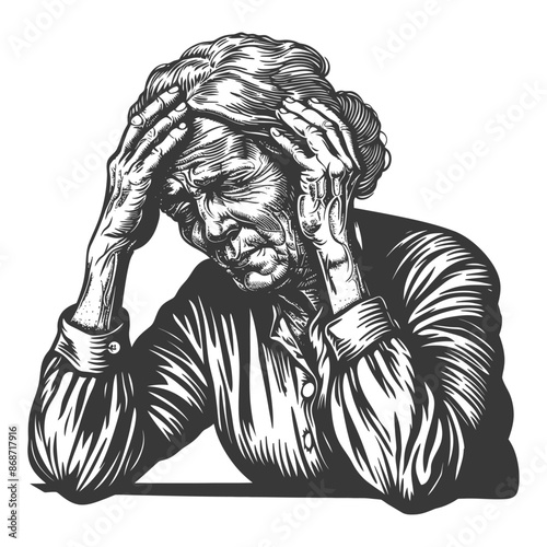 Distressed Elderly Woman Woodcut: Wrinkled Face, Hands on Head, Grief, Sorrow, Engraving Style.