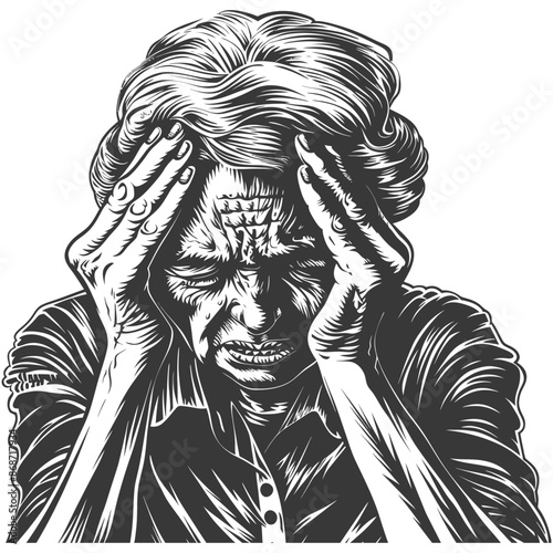 Engraved Elderly Woman: Hands on Head, Worried Expression, Detailed Linework.