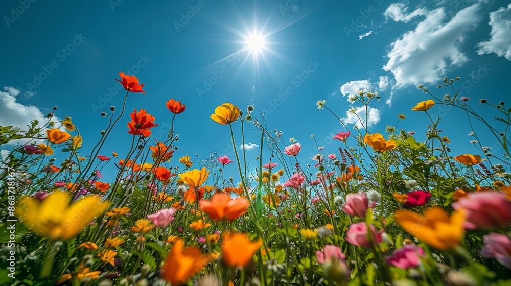 Obraz premium It is a vivid flower meadow surrounded by the sunbeams and a clear blue sky, with an array of brightly colored blooms.