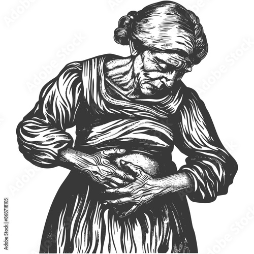 Aching Stomach: Old Woman in Distress, Woodcut Style Illustration