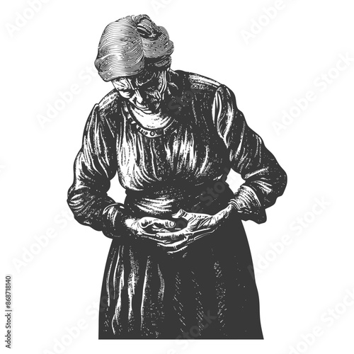 Etched Elderly Woman, Bowed Figure, Wrinkled Hands and Face, Sorrowful Gaze.