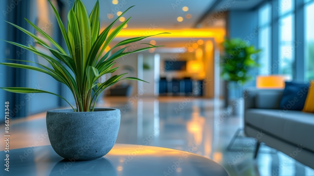 Fototapeta premium It shows a blurry office interior with modern decor and a reception area in the background, along with a plant in the foreground.