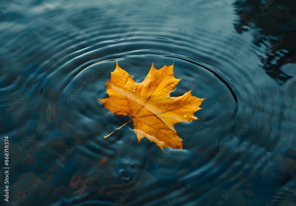 Autumn Leaf Floating on Blue Water Autumn Leaf Floating on Blue Water