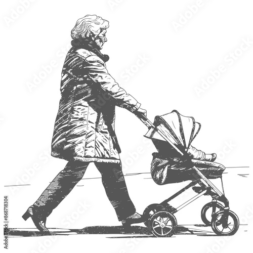 Monochrome Stroll: Elderly Woman Pushing Baby Stroller, Hand-Drawn Effect.