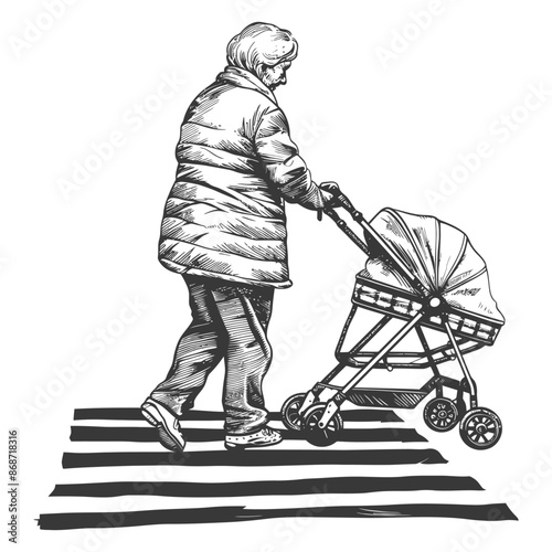 Ink Sketch: Elderly Woman Pushing Empty Baby Stroller on Zebra Crossing.