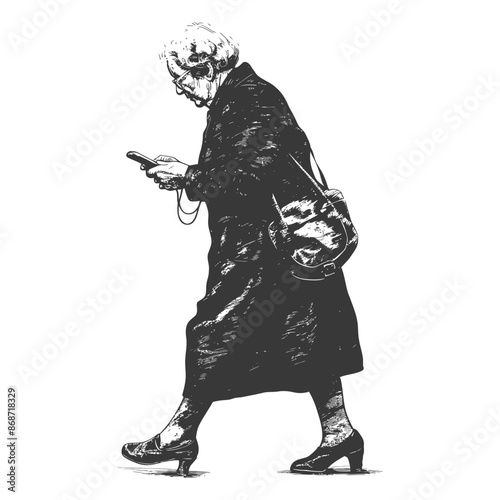 Elderly Woman in Coat, Crosshatch Illustration, Walking with Phone & Bag.