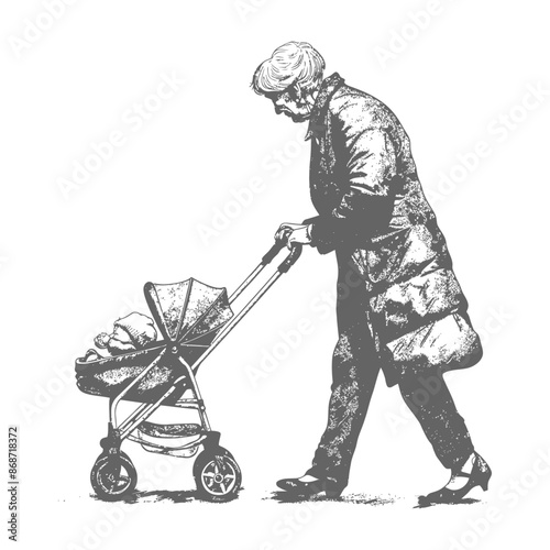 Grandmother Pushing Baby Stroller, Grayscale Sketch Illustration, Generational Care, City Street Stroll.