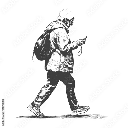 Ink Sketch: Senior Woman Walking, Smartphone in Hand, Backpack, Urban Scene.