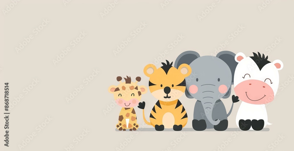 Naklejka premium =Adorable baby giraffe, tiger, elephant and zebra cartoon characters. Vector illustration for baby shower card, invitation, birthday card, party, nursery decoration.