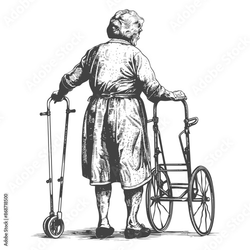 Etched Elder: Back View of a Woman with Walker and Scooter, Aging Mobility.