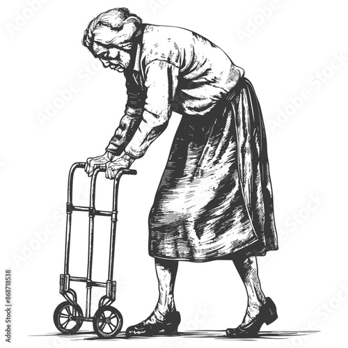Elderly Woman with Walker, Ink Sketch, Solitary, Aging Process.