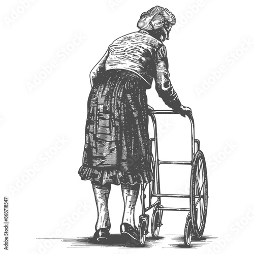 Elderly Woman with Walker, Engraving Style.