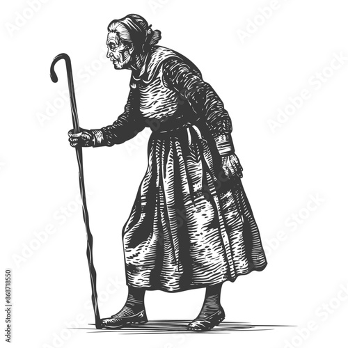 Etched Old Woman: Crooked Cane, Hunched Figure, Traditional Dress, Sepia Tone, Vintage Illustration.