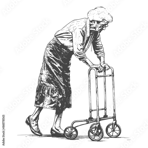 Elderly Woman with Walker, Pen and Ink Drawing, Assisted Living.