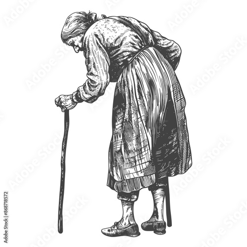 Pen Sketch: Elderly Woman Bent Over, Leaning on Stick, Aged Dress, Gray Scale.