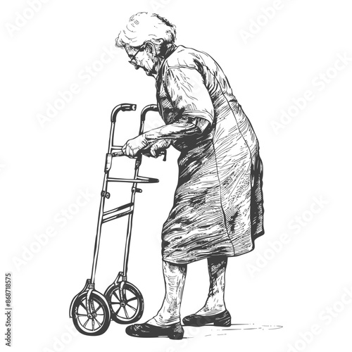 Elderly Woman with Walker: Pen and Ink Illustration of Aging and Support.