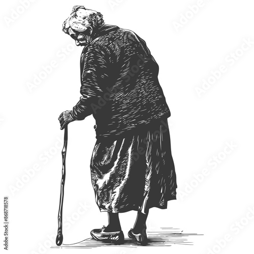 Elderly Woman with Cane: Woodcut Style Illustration on White.