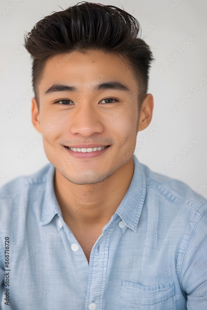 Young Asian Man Smiling in Light Blue Shirt Headshot Young Asian Man Smiling in Light Blue Shirt Headshot