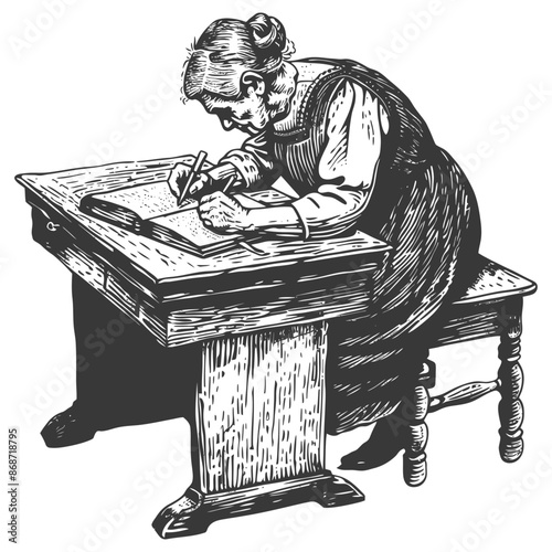 Elderly Woman at Desk, Ink Sketch: Writing in Ledger, Vintage Detail, Isolated.