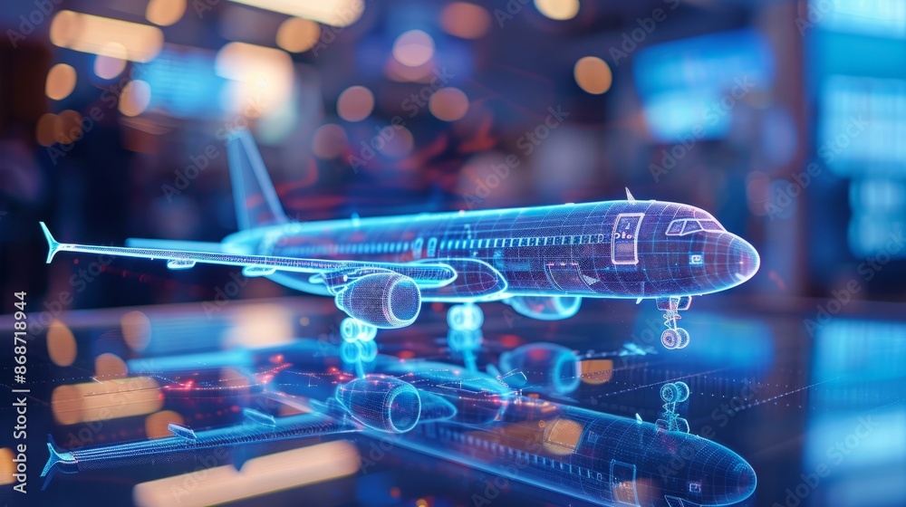 Digital airplane innovation technology. A futuristic holographic airplane, symbolizing innovation in air travel and aviation technology. Digital airplane innovation technology. A futuristic holographic airplane, symbolizing innovation in air travel and aviation technology.