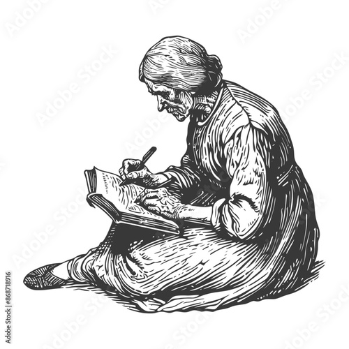 Old Woman Seated, Writing in a Book, Vintage Etching Style.