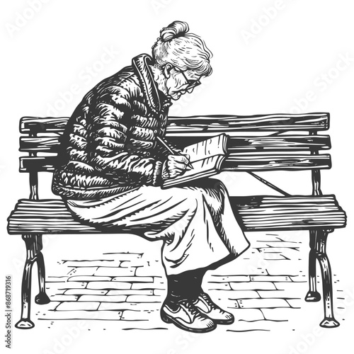 Elderly woman writing in notebook on park bench, hand-drawn illustration.