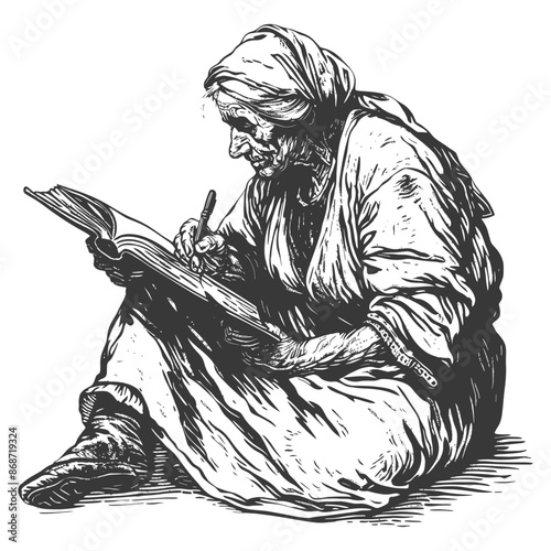 Elderly Woman Seated, Writing in Book, Detailed Engraving, Study, Antique Style.