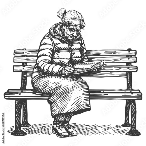 Ink Sketch: Elderly Woman Writing in Journal on Park Bench, Puffy Coat, Thoughtful.