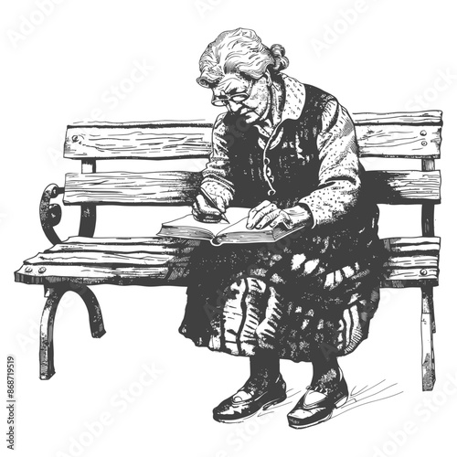 Ink Drawing: Elderly Woman on Park Bench Writing in Journal