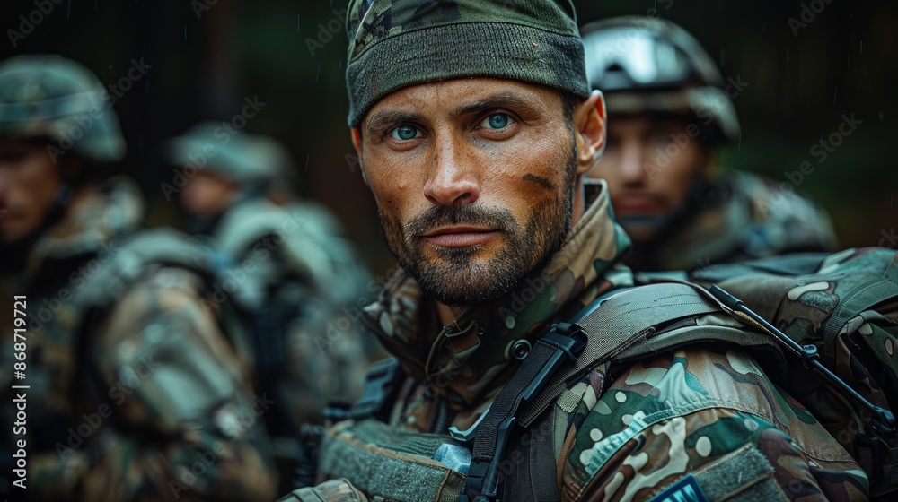 IG58 shows determination and professionalism in a soldier wearing camouflage, showing seriousness and focus. IG58 shows determination and professionalism in a soldier wearing camouflage, showing seriousness and focus.