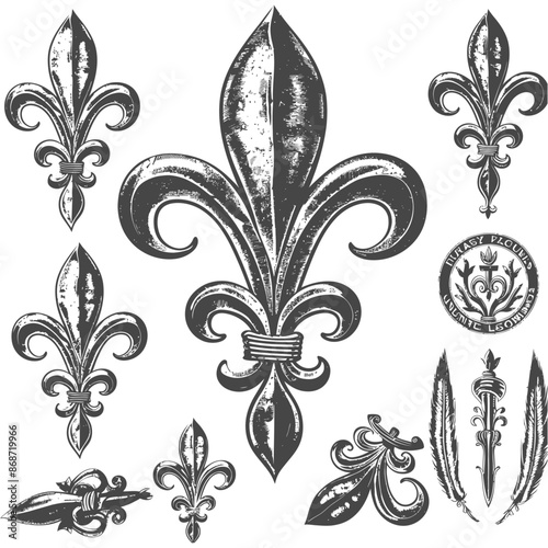 Fleur-de-lis Vector Set: Detailed Engravings, Heraldic Lilies, Antique Style.