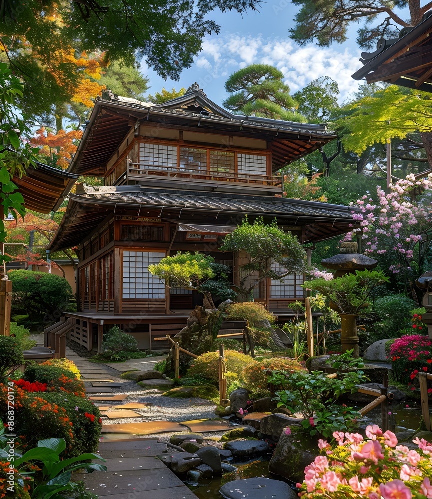 Fototapeta premium Traditional Japanese Tea House in Autumn Garden