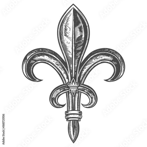 Engraved Fleur-de-Lis: Antique Heraldic Lily, Grayscale Etching.