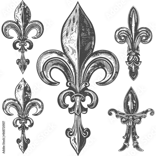 Fleur-de-Lis Etchings: Intricate Heraldic Lily Collection, Hand-Drawn Vintage Style.