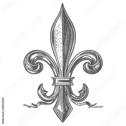 Detailed Etched Fleur-de-lis Illustration, Heraldic Lily Symbol.