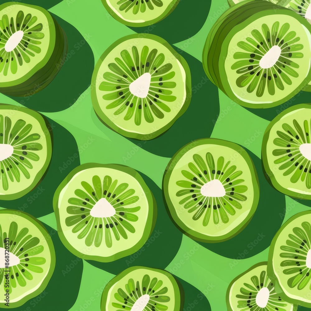Fototapeta premium Kiwi slices, green and juicy, flat design illustration
