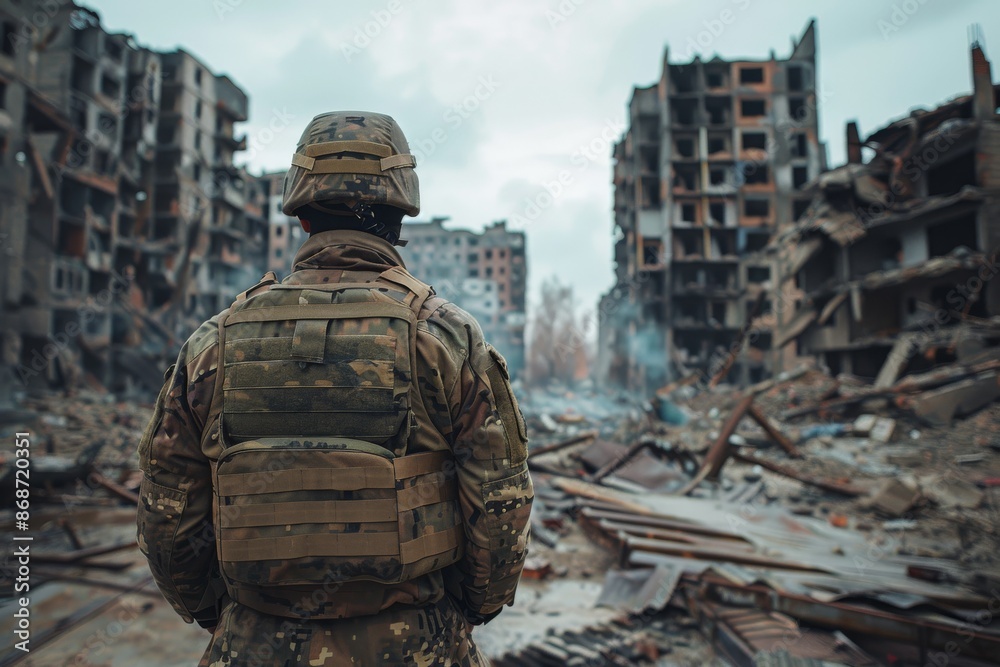A portrait of a soldier standing in front of destroyed high-rise buildings, capturing the resilience and determination amidst the devastation of war